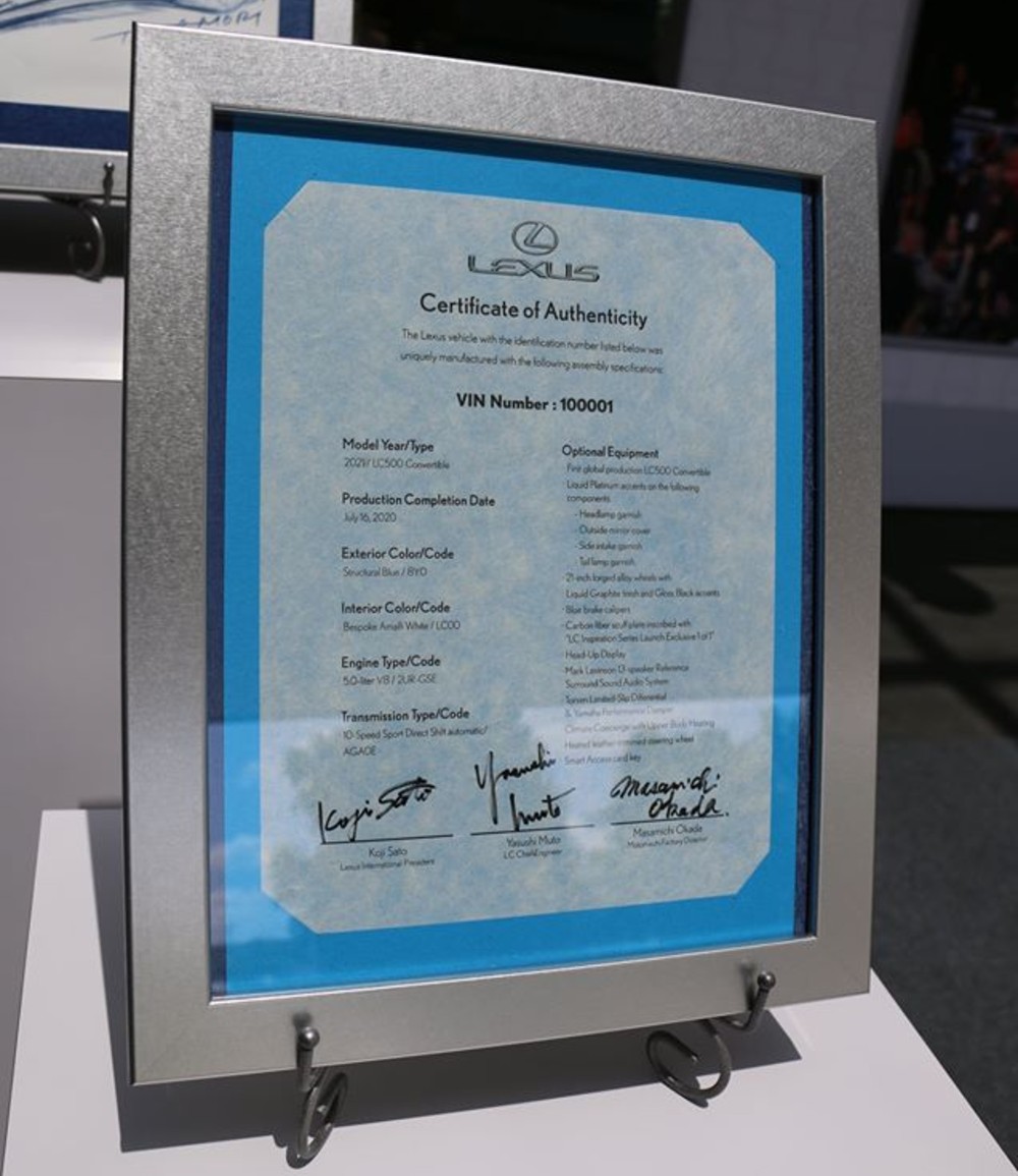 Lexus 2021 LC500 Convertible Certificate of Authenticity